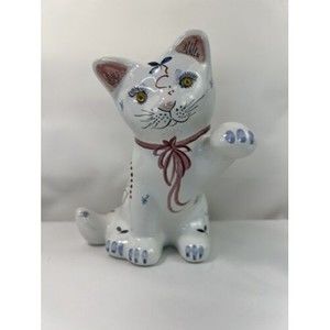 Vtg Fait main France Pottery‎ Lucky Cat Figurine Floral Hand Painted Signed Mint